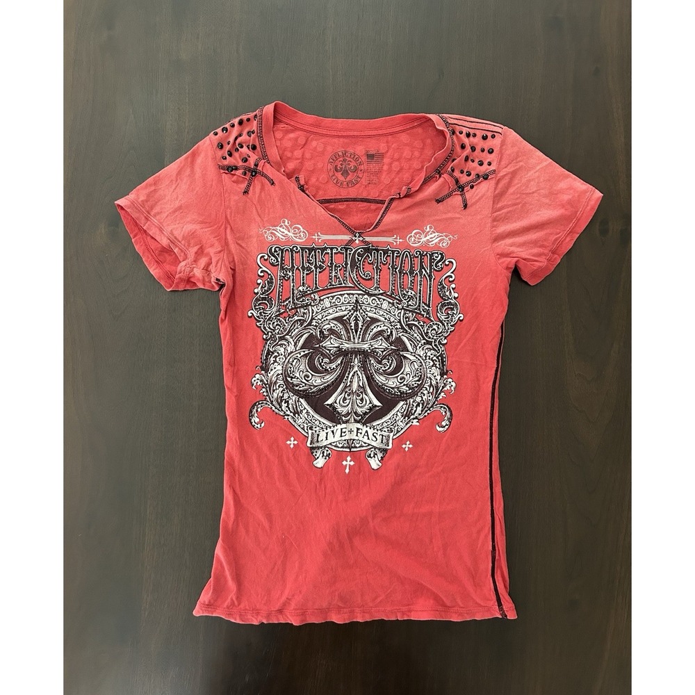 Y2K Affliction Live Fast Studded Graphic V Neck Tshirt Womens Pink Medium